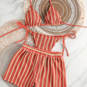 Conjunto de Traje de Baño de Tres Piezas a Cuadros de Ganchillo para Mujer, Ajuste Regular, Spandex/Algodón, Bikini Cruzado con Cuello Halter, Ropa de Playa para Natación - Product Image 2