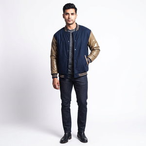 Blouson universitaire homme personnalisé en laine dorée à col montant, nouveau design streetwear hiver, sans capuche, respirant, vente en gros - Product Image 1