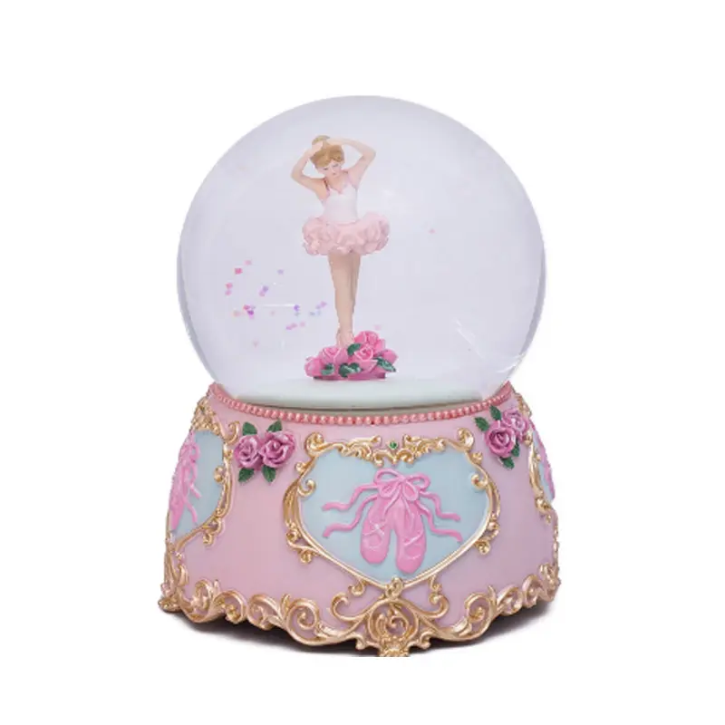 Globo de neve para meninas, artesanato de resina rosa, globo de neve para meninas, giratório, bola de cristal luz de luxo, rosa