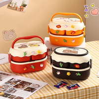 Lonchera Bento de 1600 ml, LFGB SS304, Doble Capa, Apta para Microondas, Portátil, con Adhesivos 3D de Dibujos Animados, Bolsa, Cubiertos, MOQ Bajo, Logotipo Personalizado, Regalos para Eventos