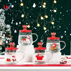 2023 produk baru Mug rusa Natal Mug kaca transparan Nordic dengan tutup kreatif 350ML cangkir Natal untuk promosi