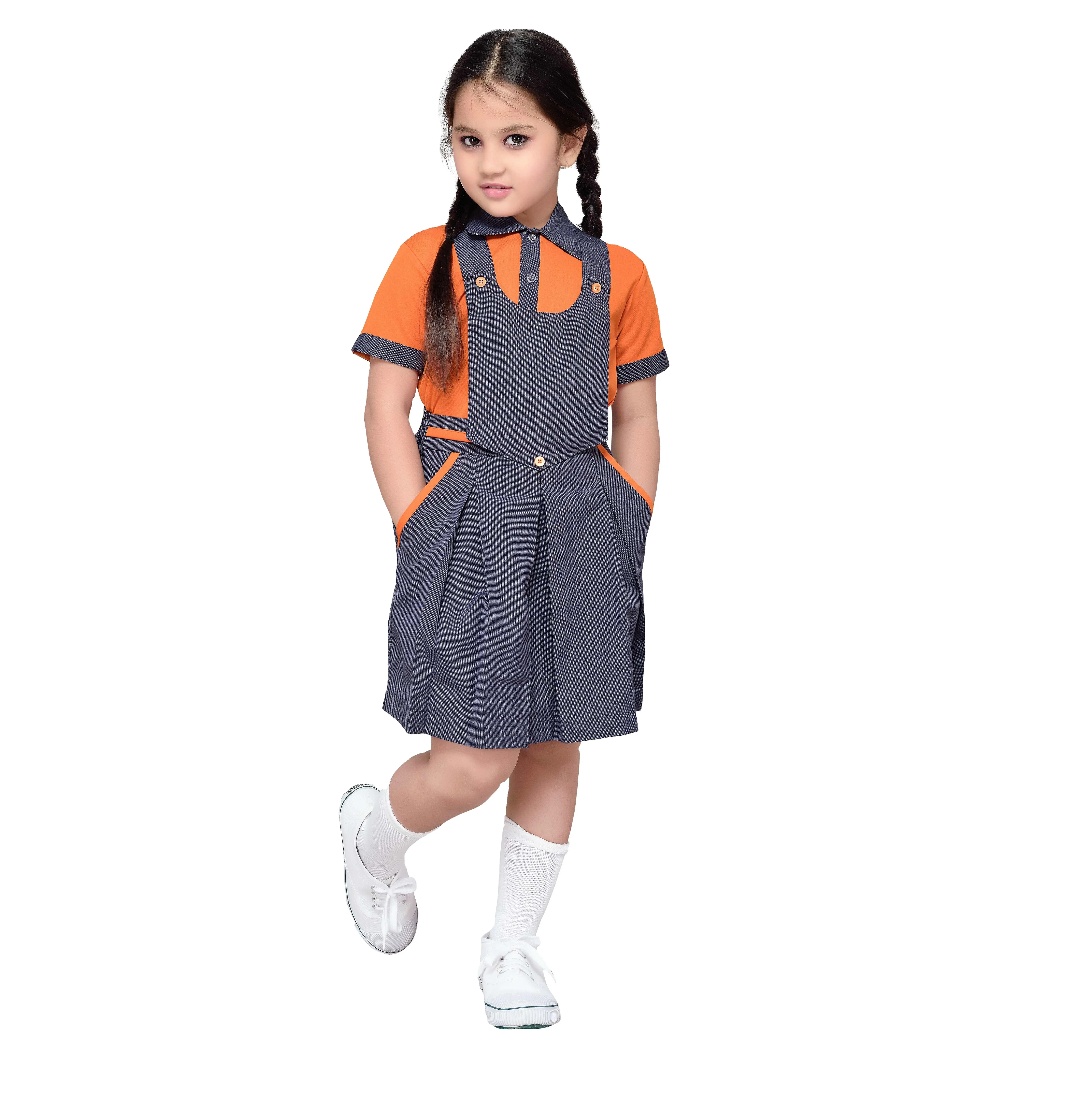 Aangepaste Hoge Kwaliteit Nieuwe Product Meisjes Dungaree Twee Pocket & Knoppen School Uniform Ontwerp