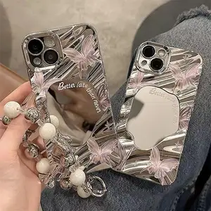 Ins Popular With Chain Shining Butterfly Makeup Mirror Electroplated Lady Back Cover Shell For Iphone14 15 13 Promax Phone Case