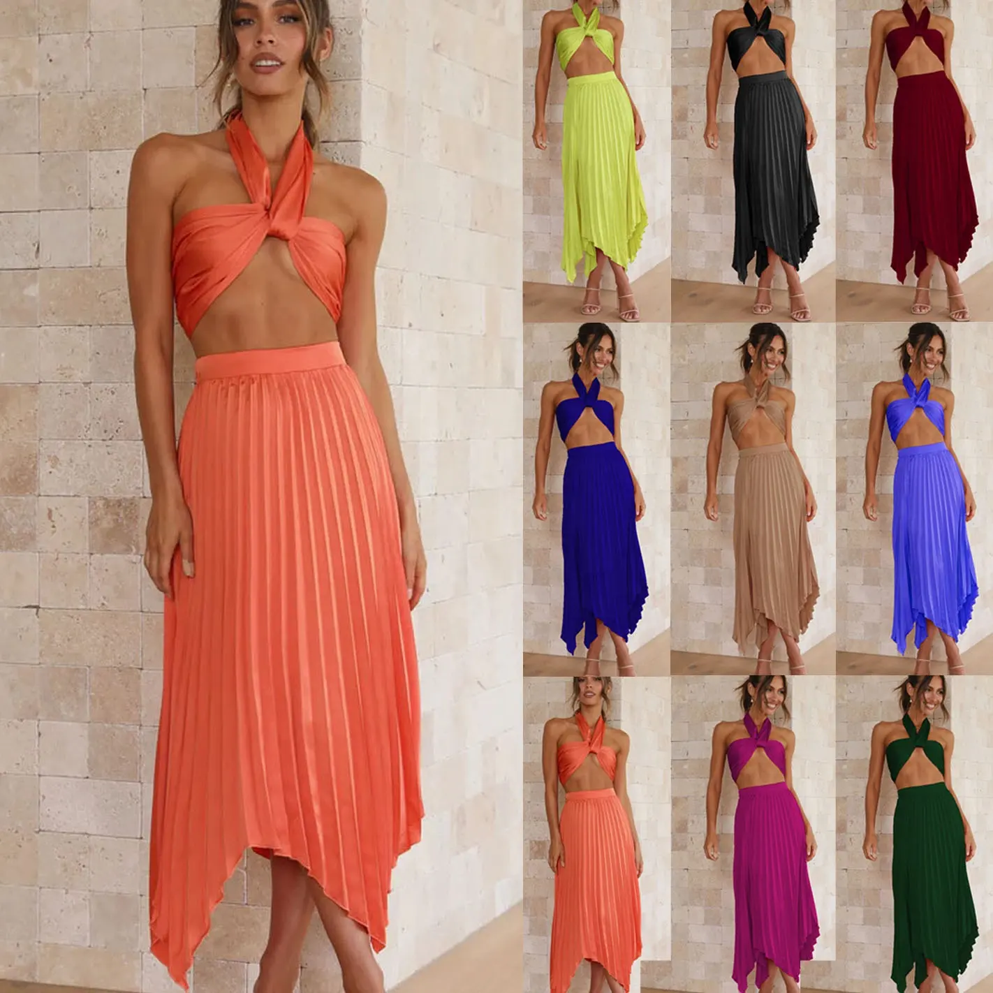 Mùa Hè Ăn Mặc 2 Mảnh Thiết Lập Phụ Nữ Giản Dị Quần Áo Crop Tank Top Maxi Dài Pleated Phụ Nữ S Bộ