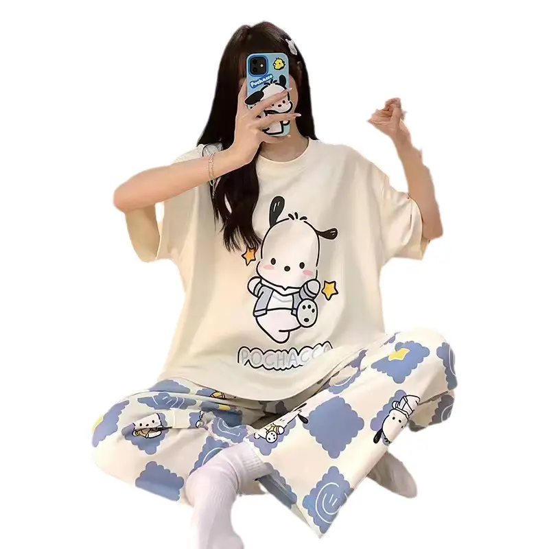 Pijamas de satén de seda de leche para mujer con etiqueta privada, conjunto de pijamas de manga corta con dibujos animados, ropa de dormir para niñas