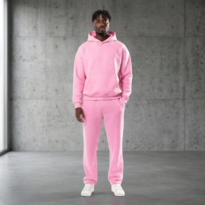 Men <b>Pink</b> Hooded <b>Sweatshirt</b> Tracksuit Set Casual Solid Pullover Hoodie with Sweatpants Two Piece - Product Image 6