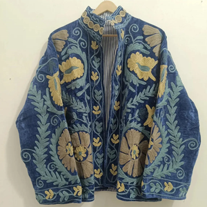 Vintage Embroidered Suzani Quilted Autumn Winter Fleece Jacket with Cotton Filling Windproof <b>Button</b> <b>Coat</b> Reversible Eco-Friendly - Product Image 1