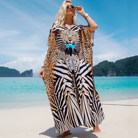 Robes Kaftan Grande Taille d'Été Coupe Ample Maxi pour la Plage et les Tenues de Vacances, Cache-Maillots Imprimé Léopard en Viscose/Coton Séchage Rapide