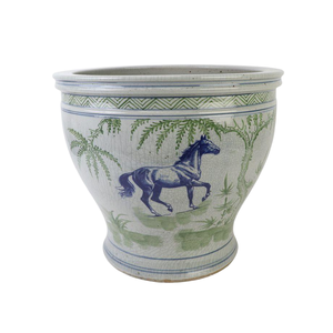 RXCG24-A Grand pot à fleurs en céramique de porcelaine bleu-vert, motif <span class=keywords><strong>bambou</strong></span> traditionnel, glaçure craquelée motif cheval - Product Image 1