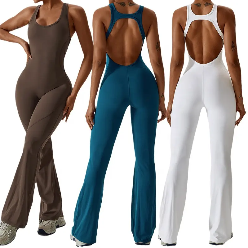 Fs502 #2023 Vrouwen Rugloze Atletische Kleding Bodysuit Yoga Flare Broek Leggings Gym Workout Eendelig Yoga Jumpsuit