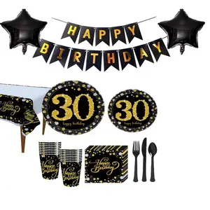 Black Gold Paper 30 Disposable Tableware Birthday 30th Decor Happy Birthday Party Decoration Adult Disposable Party Tableware