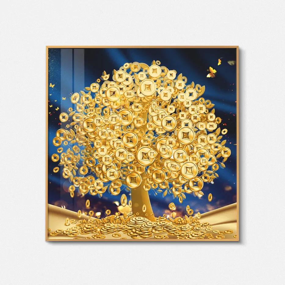 Modern art deco Money gold tree Picture Acrylic Glass wall art painting
