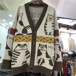 Women's Spring and Autumn Single Breasted Cartoon <strong>Cat</strong> Print Sweater Coat Loose Lazy Knit <strong>Cardigan</strong> Over Sweater - Product Image 6