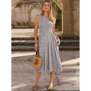 FOXA Robe midi d'été sans manches pour femme, taille élastique, style smocké, coupe trapèze, décontractée, pour la plage et les vacances - Product Image 2