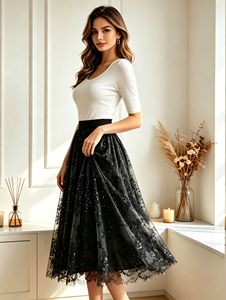 SWEET BABE Jupe midi noire à sequins et dentelle, taille naturelle, coupe trapèze, grande taille, pour l'été - Product Image 1