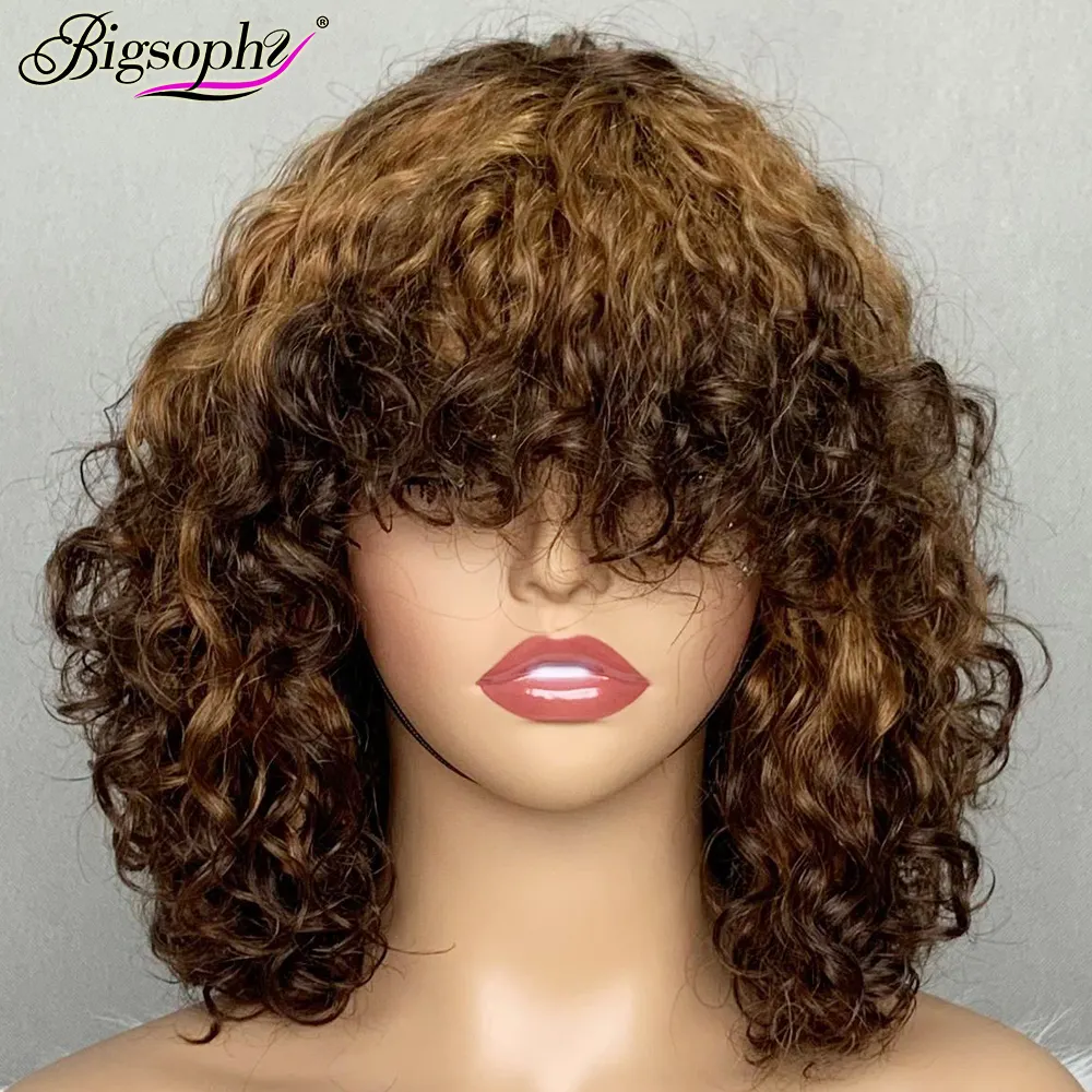 Rts giá rẻ sang trọng giá Curl Bob tóc giả với bangs Máy làm tóc giả cho tất cả phụ nữ Brazil xoăn tóc giả tóc con người