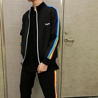 Blouson Bomber Authentique d'Importation PA Streetwear à Rayures Arc-en-ciel Imprimées, Respirant, Ample, avec Fermeture Éclair, Motif Palmier Rétro