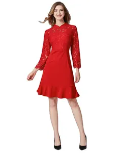 2024 moda personalizzata signora festa serale modesto abito Casual in pizzo rosso Mini elegante con volant