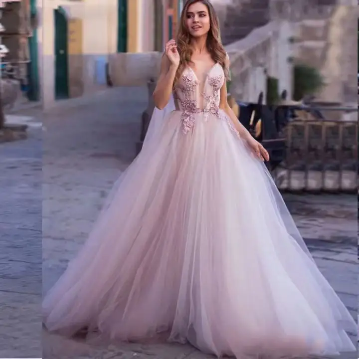 Mode rückenfrei Halter Ärmel Perlen spitze applikationskleid Brautkleider rosa Brautkleider mit Illusion Rückseite