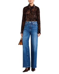 Pantalons larges classiques pour femmes de bureau, bleu foncé, taille haute, coupe droite, jeans pour femmes - Product Image 1