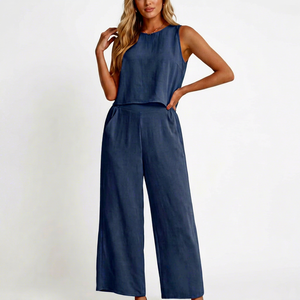 Women's Sleeveless O-Neck Crepe <b>Jumpsuit</b> Wide Leg Pants Set Solid Color Loose Fit Breathable Casual Spring Summer Wear - Product Image 1