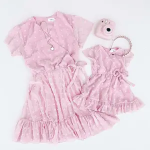 Conjunto de roupa feminina ZMM-01, vestido de mãe e filha de algodão com manga curta e comprimento no joelho