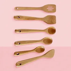 Faggio manico rotondo set 3 pezzi, cucchiaio di legno a manico lungo, pala per friggere a manico spesso, grande, medio