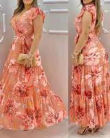 Robe longue florale pour femmes, printemps automne, style européen, imprimé, élégante, taille haute, manches longues, col en V, en mousseline de soie, décontractée