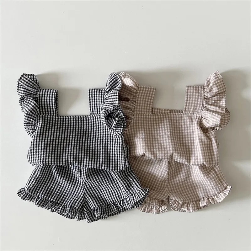 Vestiti estivi per bambini nuovo vestito per bambine baby plaid in vita fibrosa elasticizzata pantaloncini casual due pezzi set di vendite dirette in fabbrica