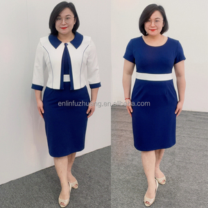 ชุดเซ็ตสองชิ้นสำหรับสุภาพสตรี สีน้ำเงินขาว ดีไซน์เสื้อเบลเซอร์และเดรสยาวระดับเข่า ทรงพอดีตัว ผลิตจากผ้าโพลีเอสเตอร์ผสมคอตตอนเครป - Product Image 6