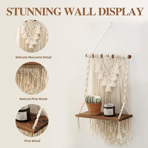 Étagère murale en macramé à un seul niveau, style bohème, faite à la main, tissée, pour le rangement des plantes, décoration de la maison, salle de bain, chambre à coucher - Product Image 4