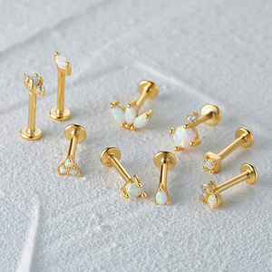 Pendientes de botón de plata de ley S925 estilo INS con tres ojos de ópalo, 16G, parte trasera plana, para perforación de cartílago de la oreja - Product Image 3
