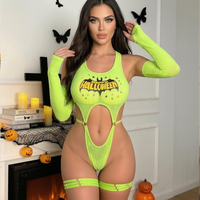 Ensemble de lingerie d'Halloween en gros pour femme, body teddy érotique vert fluorescent à imprimé chauve-souris et lettres, ajouré, avec manches