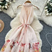 Robe élégante sans manches taille haute coupe trapèze en polyester abricot uni pour le printemps et l'été, tenue décontractée, vente en gros ODM directement de l'usine