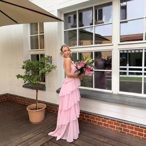 Spaghetti Strap Romantic Pink <strong>Cherry</strong> Tiestrap Ruffle Maxi <strong>Dress</strong> - Product Image 2