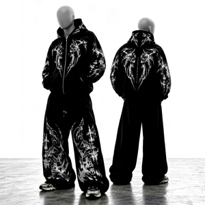 Conjunto de Sudadera con Capucha y Cremallera Oversize Gótico Unisex, Negro y Blanco, de Felpa Francesa, Chándal de Invierno, Ropa Urbana, Servicio OEM - Product Image 1