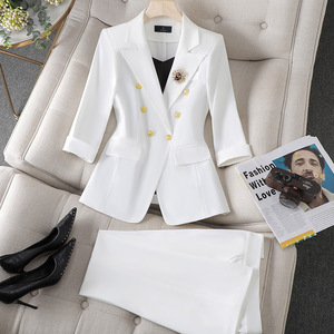 White Women's Suit Set Three Quarter Sleeve Satin Blazer And Skirt Elegant Professional Workwear Summer Style - Product Image 1