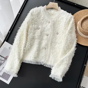 White Coat Women's Autumn/Winter New Tassel Spliced Wooden Ear Edge Short Top Selling Coat