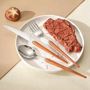 Sản phẩm mới 304 thép không gỉ 5 cái muỗng nĩa <span class=keywords><strong>Knife</strong></span> Set nhà hàng bằng gỗ xử lý dao kéo Flatware - Product Image 6