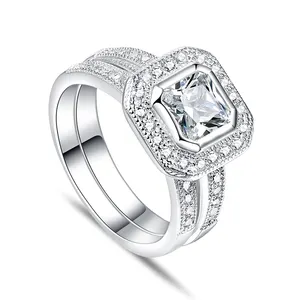 Tonglin TL-311 Asscher Cut Banhado A Ouro Jóias de Prata Esterlina 925 Cubic Zirconia Wedding Ring Set Para Mulheres