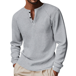 Camisetas Henley de <span class=keywords><strong>Manga</strong></span> <span class=keywords><strong>Larga</strong></span> Térmicas para Hombre, Cuello Redondo, Tejido Waffle, Ajuste Holgado, Logotipo Personalizado, Impresión Lisa - Product Image 3