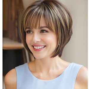 Peluca Corta y Lisa de Marcas Nacionales, Colores Mezclados, Fibra Kanekalon, Línea de Cabello Natural, Encaje Transparente, para Cualquier Forma de Rostro - Product Image 5