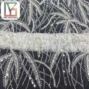 Tessuto in Pizzo Africano di Lusso, <span class=keywords><strong>Tulle</strong></span> <span class=keywords><strong>Bianco</strong></span> con Perline e Paillettes, Tessuto in Pizzo Ricamato per Abiti da Sposa e da Sera - Product Image 4