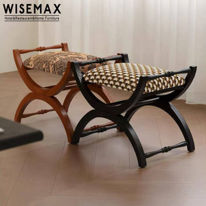 WISEMAX Furniture Medieval Style Home Furniture Solid Wood Stools Ottomans Retro Upholstery Fabric <strong>Low</strong> <strong>Footstool</strong> for Living Room - Product Image 2