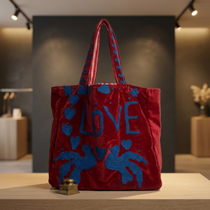 Bolso Tote de Terciopelo Bordado Suzani Hecho a Mano al por Mayor, Bolso de Hombro Casual con Estampado de Pájaros del Amor de Lujo, Bolsos de Compras Ecológicos - Product Image 1