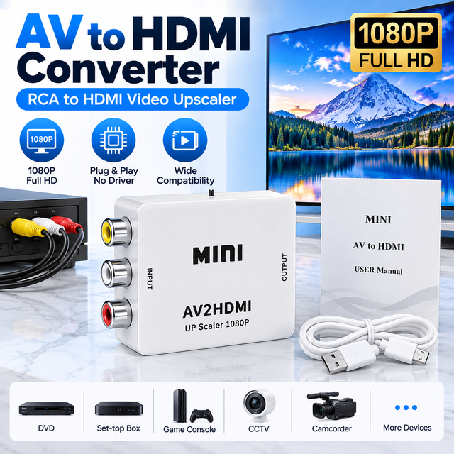 1080P AV to HDMI Converter 3 RCA CVBS Composite Input to HDMI Output Video Audio Adapter AV2HDMI Converter for TV Monitor