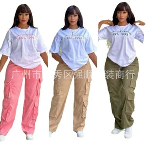 Nouveautés été 2024 en stock, ensemble deux pièces décontracté pour femmes avec <span class=keywords><strong>pantalon</strong></span> ample simple et plusieurs poches pour <span class=keywords><strong>Amazon</strong></span> AliExpress - Product Image 1