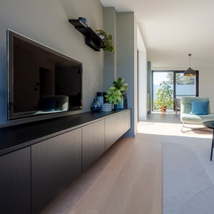 <strong>Wall</strong> Hanging <strong>TV</strong> Cabinet with Floating Design and Hidden Handles Modern Living Room Storage Unit in Matte Gray Finish - Product Image 1