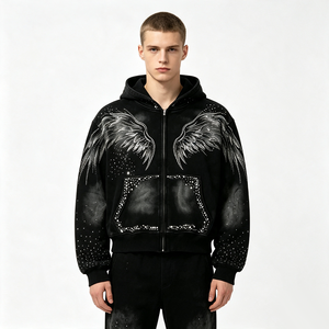 Veste courte à capuche effet vieilli avec détails ailes d'ange et strass, décorations diamantées, épaules tombantes, style streetwear - Product Image 1