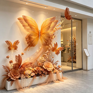 Installation murale G-96 de papillons géants en organza ambre chaud pour vitrine de magasin, décoration de grande ouverture - Product Image 1